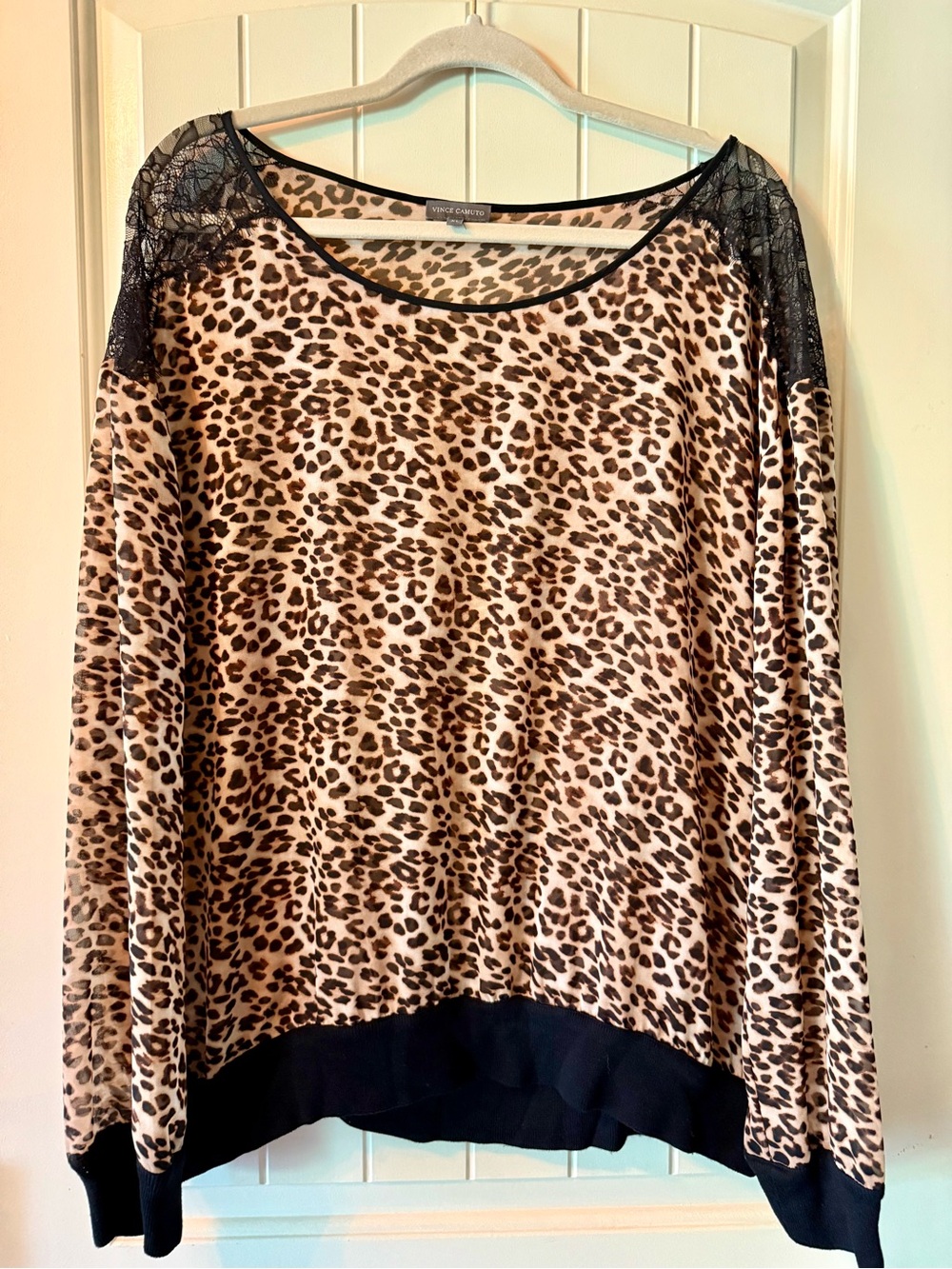 Vince Camuto Leopard Print Long Sleeve Top with Black Lace Accents - Beige/Black